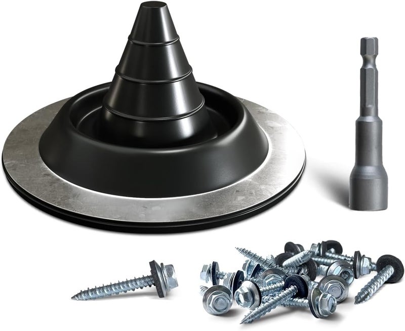 VIVIDA #0 EPDM Metal Roof Pipe Flashing Boot, Flexible Roof Jack Flashing Boot for Pipe OD 0" to 1-3/8", Screws & Hex Socket Included, Black, 1 Pack - Image 1